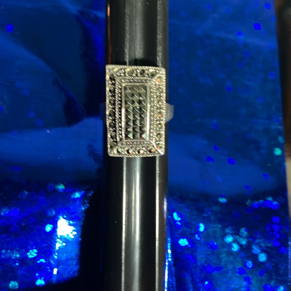 Sterling Silver Marcasite Rectangular Ring Size 7 - image 1